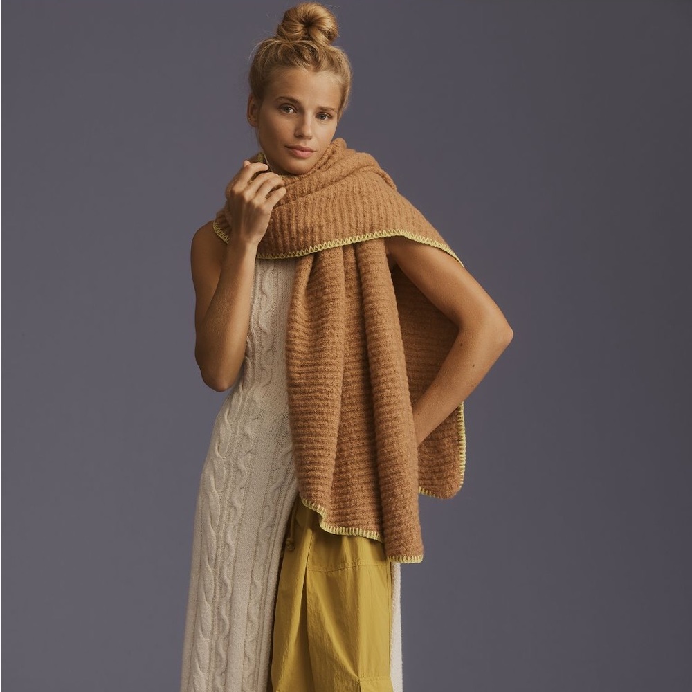 Anthropologie Camel Ribbed Knit Wrap with Yellow Edge